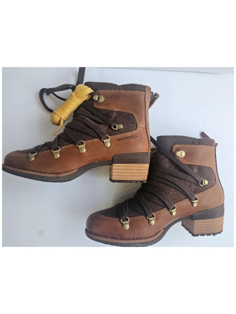 Merrell Womens Brown Leather Wool Heeled Ankle Boots Lace Up Hiker Size 6 M